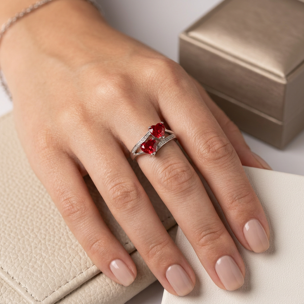 Anillo Doble Corazón Rubí