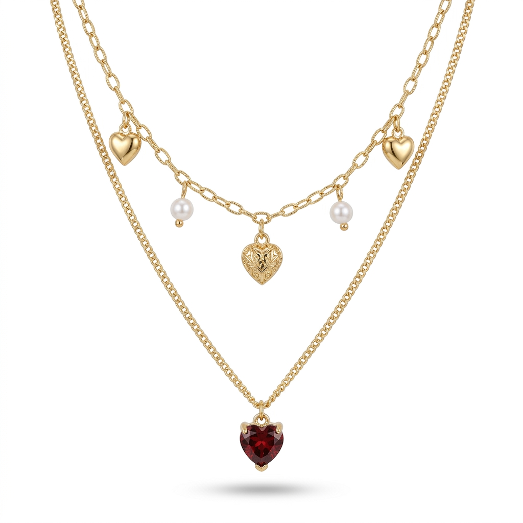 Collar Doble Corazón de Granate