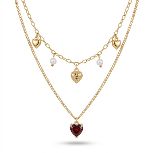 Collar Doble Corazón de Granate