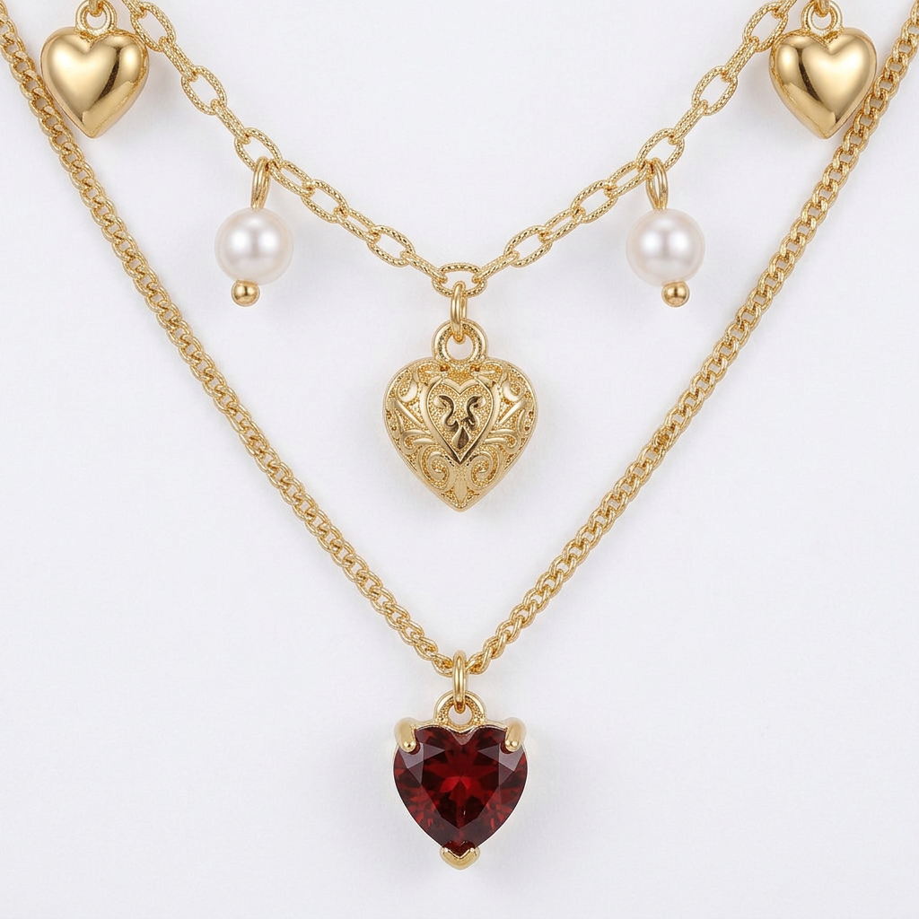 Collar Doble Corazón de Granate