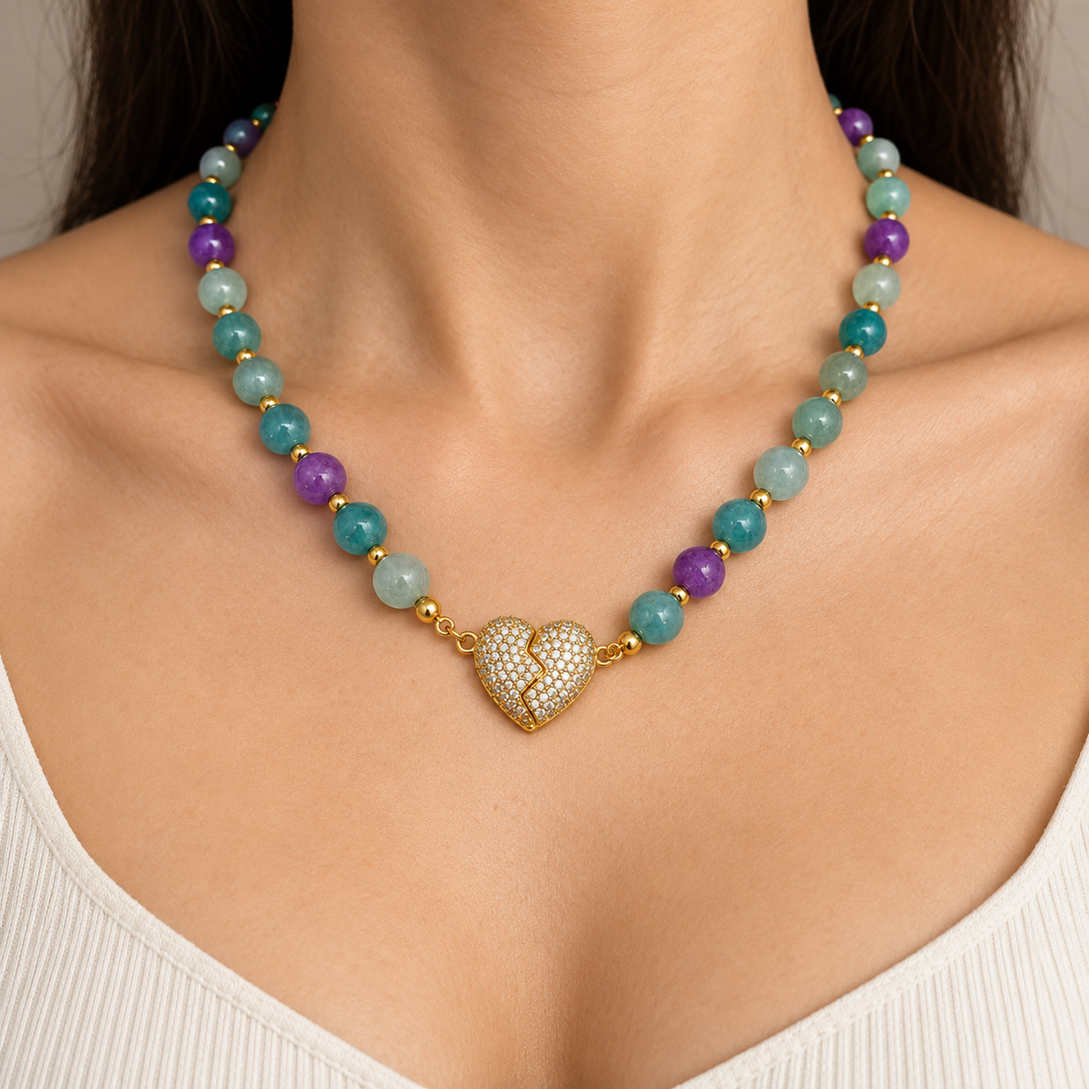Collar Cuarzos & Corazón Pavé